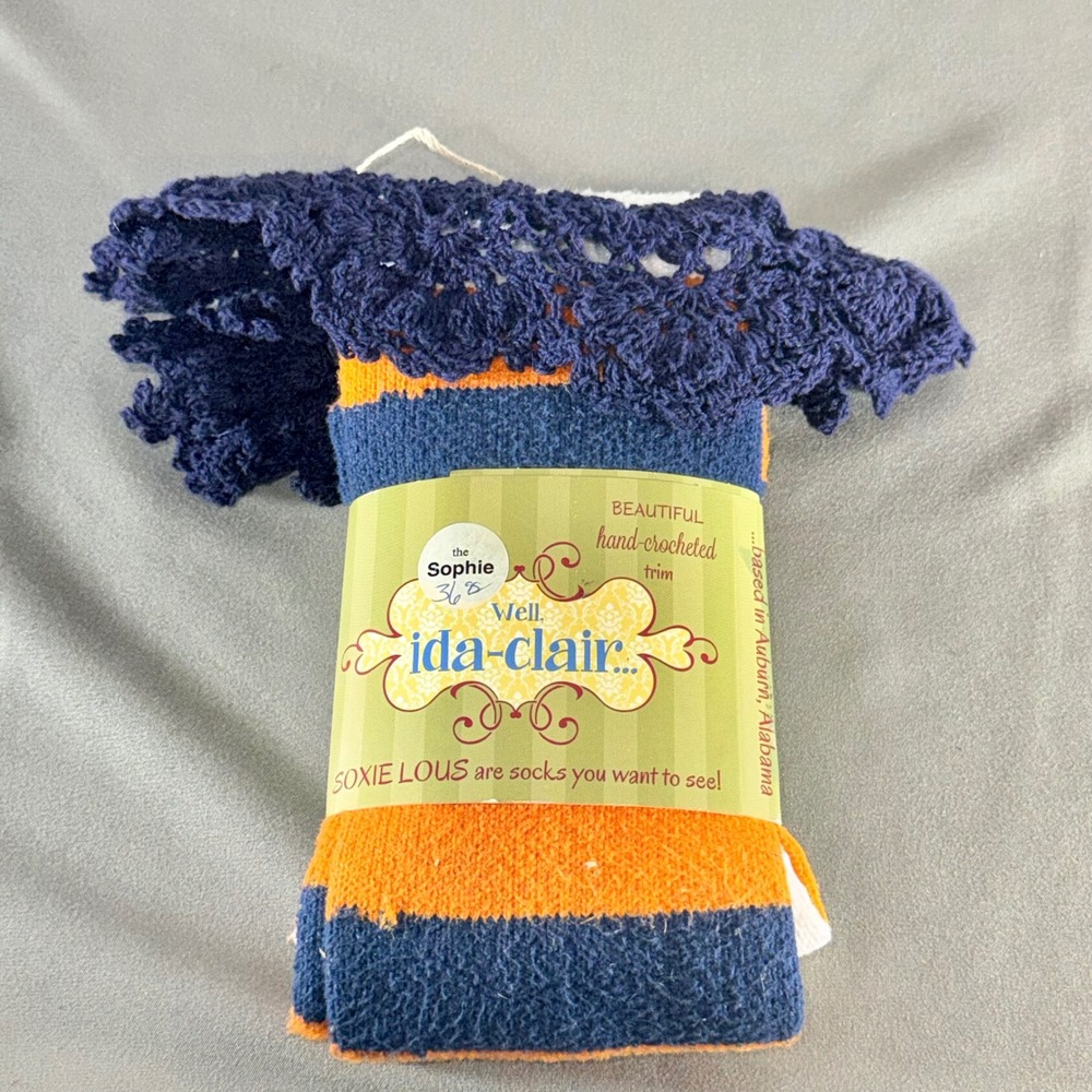 Well Ida-Clair The Sophie Boot Socks Navy Blue Orange Striped Crochet Trim USA